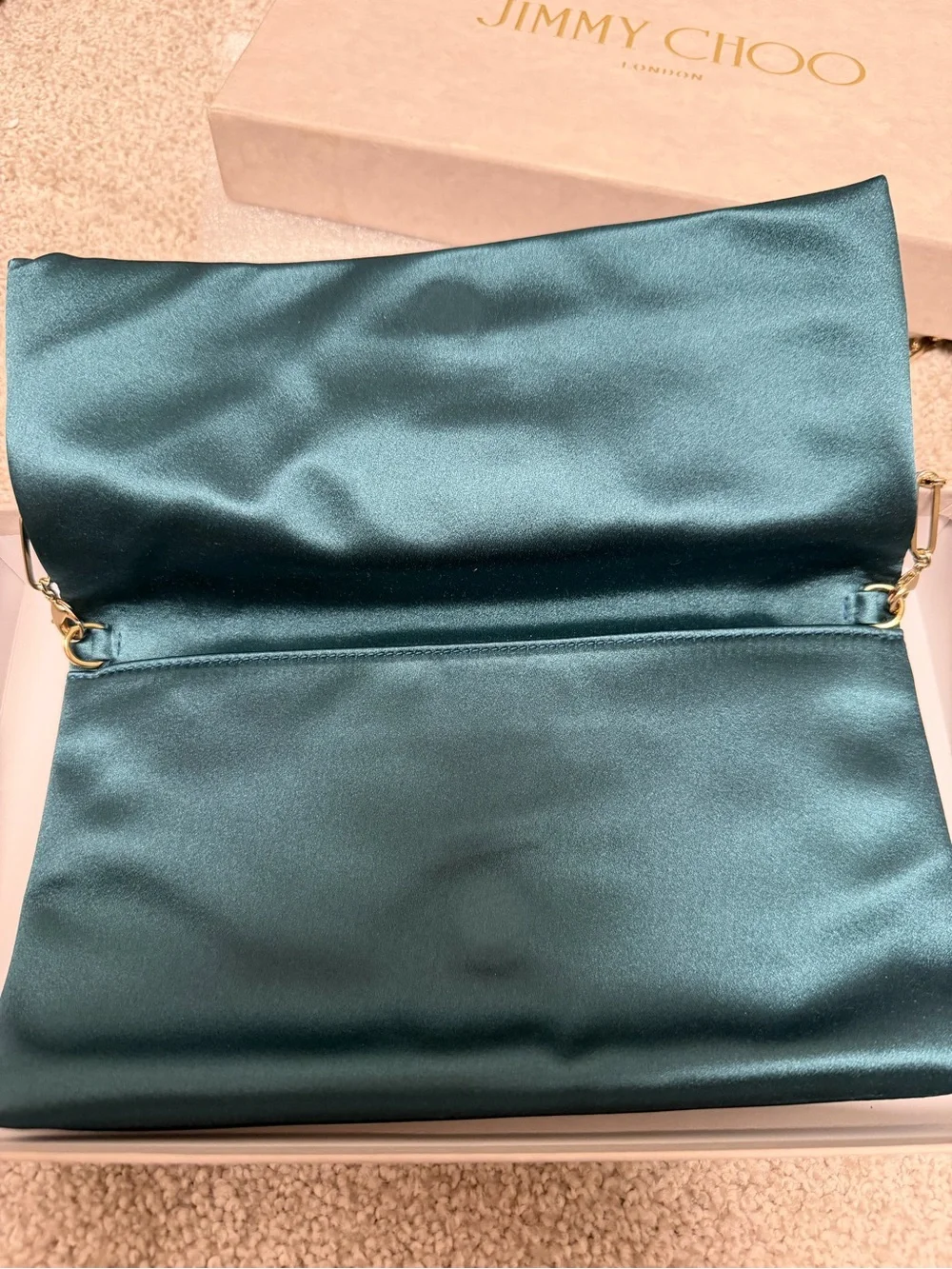 Jimmy Choo Teal Satin Evening Clutch with Crystal Brooch and Gold Chain